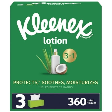Kleenex Lotion Facial Tissues with Coconut Oil  3 Flat Boxes  120 Tissues per Box  3-Ply