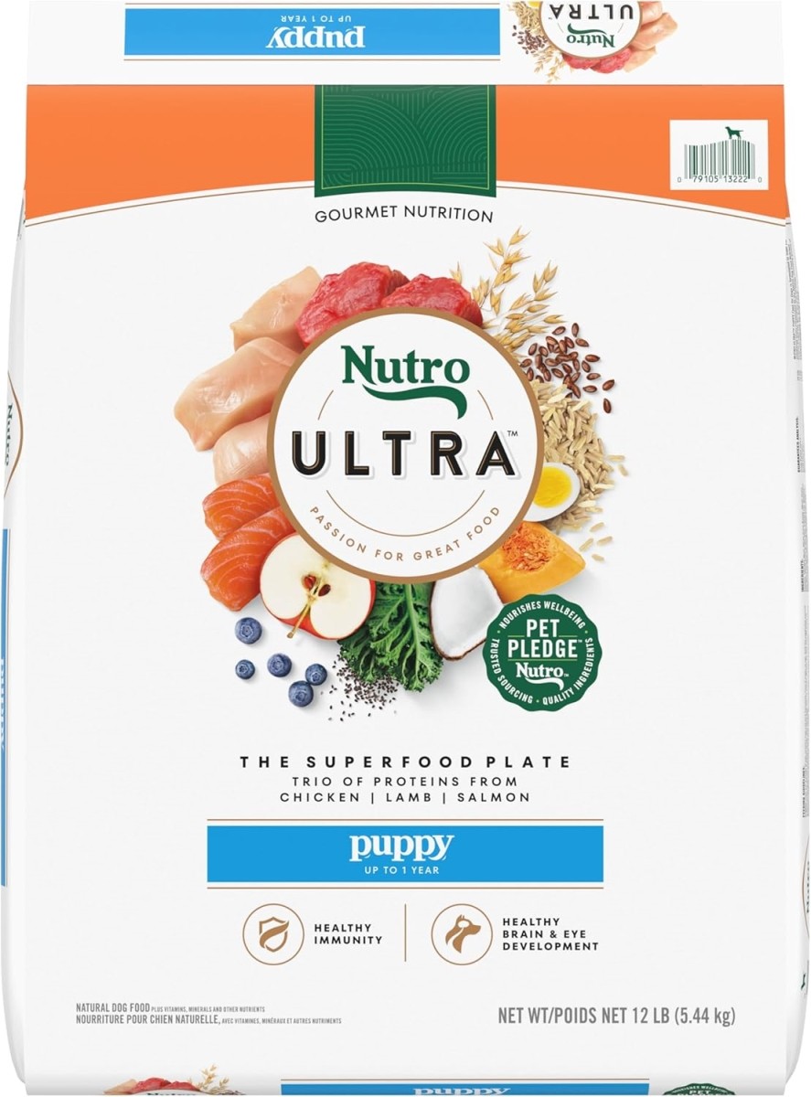 Nutro Ultra High Protein Dry Puppy Food  Trio of Proteins from Chicken  Lamb and Salmon  12 Lb Bag