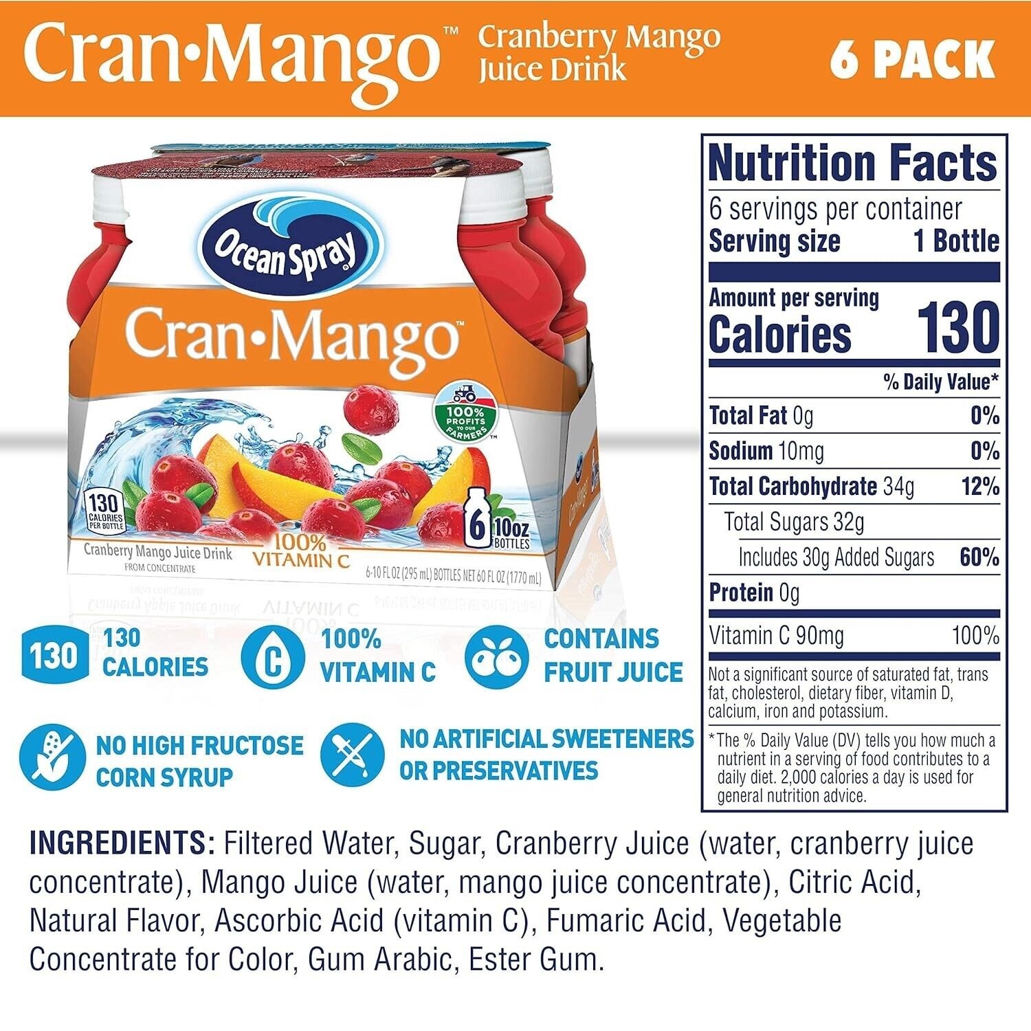 Vitamin C-Rich Cran-Mango Juice Drink - 6 Count Pack, 10 Fl Oz Bottles thumbnail