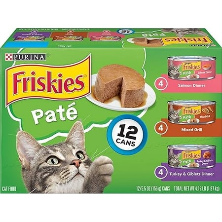Purina Friskies Pate Wet Cat Food Pate Variety Pack Salmon Dinner  Turkey and Giblets and Mixed Grill - (2 Packs of 12) 5.5 Oz. Cans