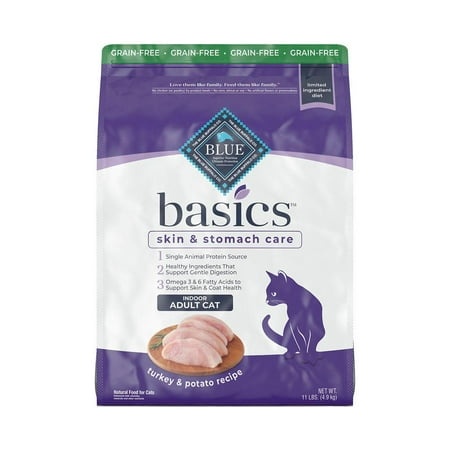 Blue Buffalo Basics Skin and Stomach Care Grain Free  Natural Indoor Adult Dry Cat Food  Turkey and Potato 11 Lb.