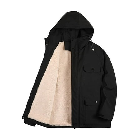 GWAABD Winter Jacket Men Thickened Padded Coat Sherpa Lined Quilted Jacket with Hooded Pockets Casual Solid Color Outerwear Black XXXL