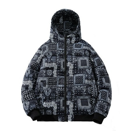 GWAABD Men Winter Jacket Cotton Quilted Jacket Winter Thermal Warm Windproof Waterproof Overcoat with Hooded Thicken Puffer Padded Coat Graphic Print 