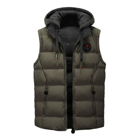 GWAABD Men S Coats Winter Neck Puffer Padded Vest with Drawstring Hooded Pockets Zipper Sleeveless Gilet Solid Color Cotton Quilted Waistcoat Coffee L