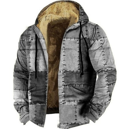GWAABD Men S Jackets for Winter Sherpa Lined Overcoat Plaid Color Block Patchwork Jacket Thermal Warm Velvet Coats Casual Full-Zip Drawstring Hooded H
