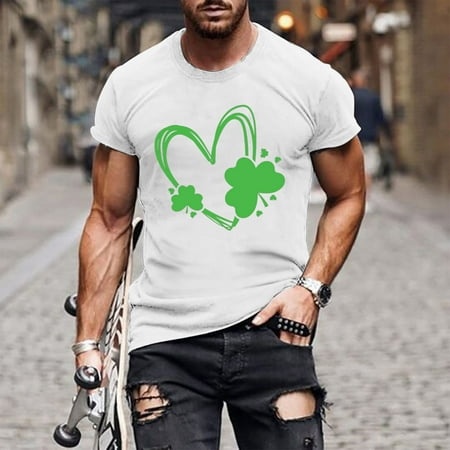 Homadles St Patricks Day Shirts for Men- Short Sleeve Graphic Crewneck Casual T Shirt White Size L