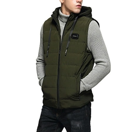 GWAABD Men Jackets for Winter Thermal Warm Velvet Vest Solid Color Padded Gilet Outdoor Down Coat Zipper Waistcoat with Hooded Green XXXL