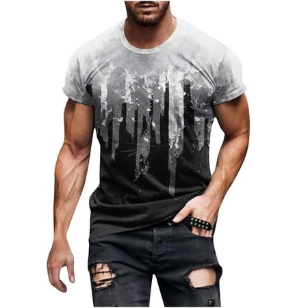 Tklpehg Mens Round Neck Casual Shirts Summer Short Sleeve T Shirts Fashion Print Graphic Tee Slim Shirt Tops (White L)