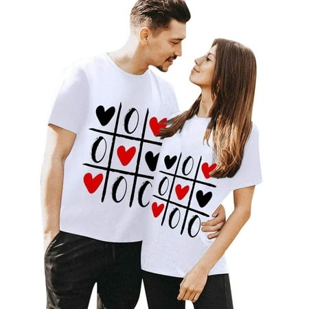 HAXMNOU Men Crew Neck Couples Lover Valentine S Day Short Sleeve Graphic Prints T-Shirts Tops Crew Neck Casual Shirts White L