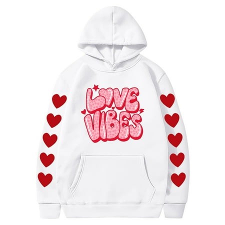 Valentines Couples Hoodie for Women and Men  Sweet Love Heart Print Casual Unisex Hooded Sweatshirt Pullover Tops (X-Large  White 05)