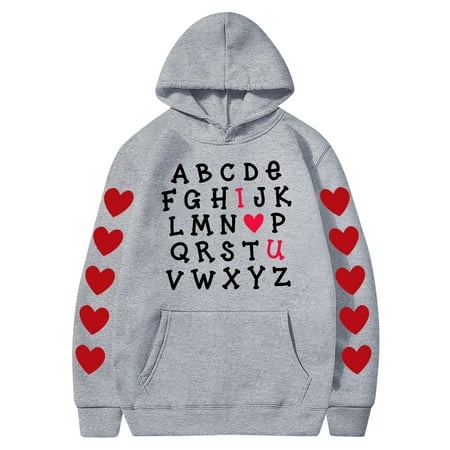 Valentines Couples Hoodie for Women and Men  Sweet Love Heart Print Casual Unisex Hooded Sweatshirt Pullover Tops (X-Large  Gray 04)
