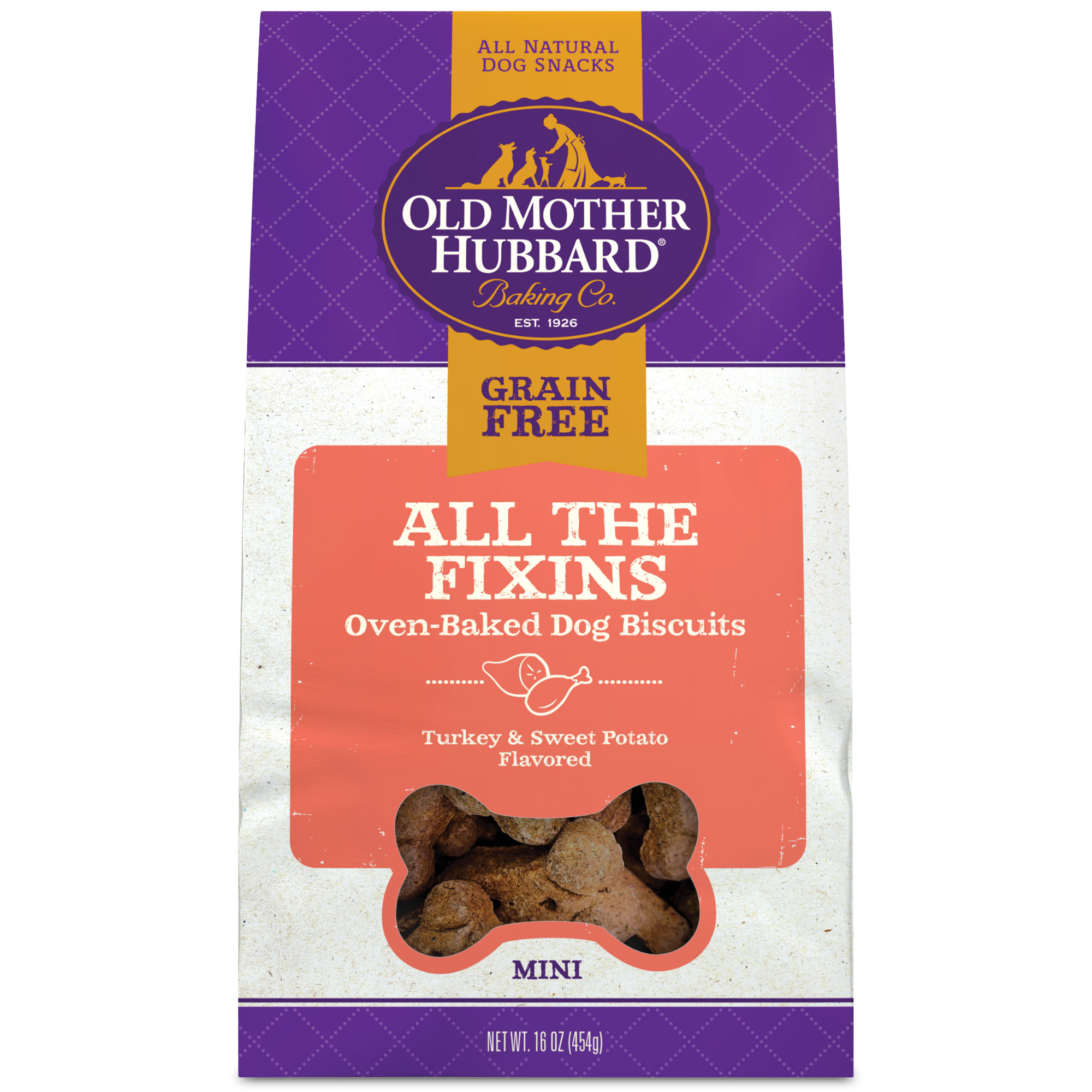 Wellness Old Mother Hubbard Classic Grain Free All the Fixins Dog Biscuits  Natural Training Treats  Turkey and Sweet Potato Flavor  Mini Size  16 Oz 