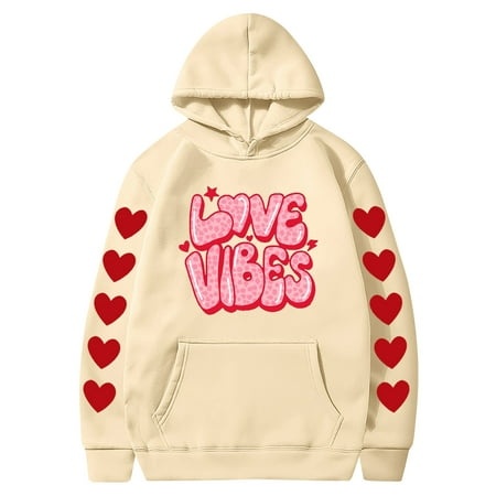 Valentines Couples Hoodie for Women and Men  Sweet Love Heart Print Casual Unisex Hooded Sweatshirt Pullover Tops (X-Large  Khaki 05)