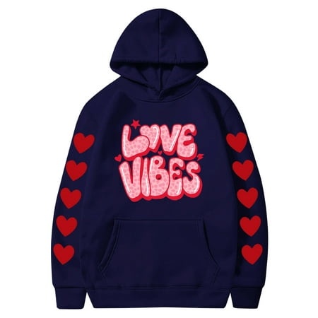 Valentines Couples Hoodie for Women and Men  Sweet Love Heart Print Casual Unisex Hooded Sweatshirt Pullover Tops (X-Large  Navy 05)