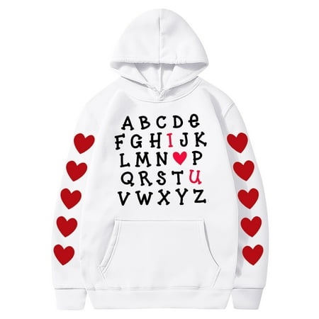 Valentines Couples Hoodie for Women and Men  Sweet Love Heart Print Casual Unisex Hooded Sweatshirt Pullover Tops (X-Large  White 04)