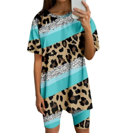WILLBEST Outfits for Women Womens Two Piece Printed Short Sleeve Top and Shorts Running Yoga Sports Suit 90S Outfits for Women Trend 3443