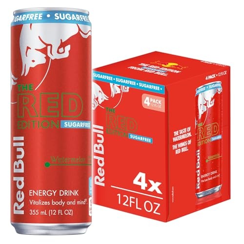 Red Bull Red Edition Sugar Free Energy Drink, Watermelon, with 114mg Caffeine Plus Taurine & B Vitamins, 12 Fl Oz, Pack of 4 Cans