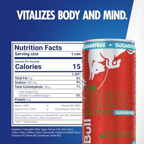 Red Bull Red Edition Sugar Free Energy Drink, Watermelon, with 114mg Caffeine Plus Taurine & B Vitamins, 12 Fl Oz, Pack of 4 Cans thumbnail