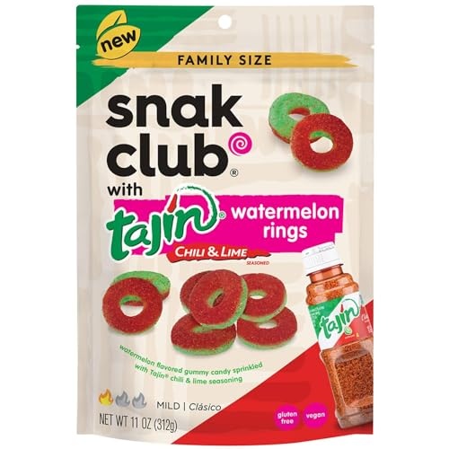 Snak Club Watermelon Rings, Tajin Chili & Lime Seasoned, Sweet and Spicy Gummy Candy, Mild in Heat Bold in Flavor, Low-Fat, Vegan, Gluten-Free Snack,