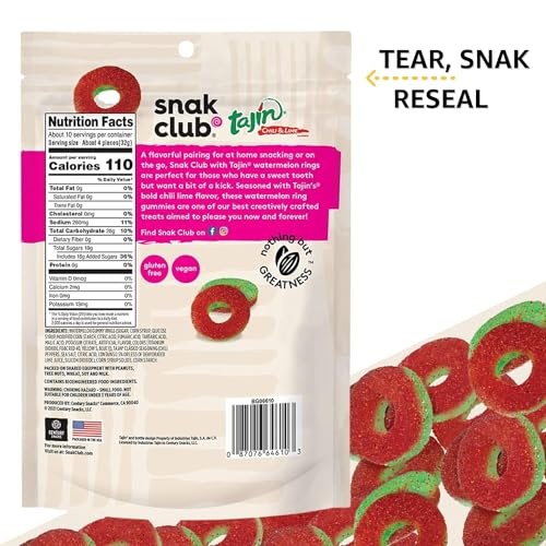Snak Club Watermelon Rings, Tajin Chili & Lime Seasoned, Sweet and Spicy Gummy Candy, Mild in Heat Bold in Flavor, Low-Fat, Vegan, Gluten-Free Snack, thumbnail