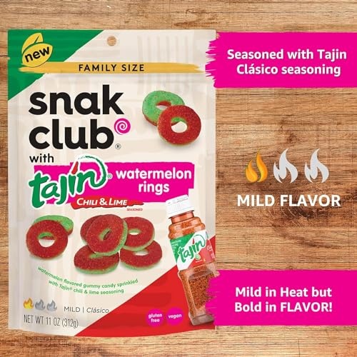 Snak Club Watermelon Rings, Tajin Chili & Lime Seasoned, Sweet and Spicy Gummy Candy, Mild in Heat Bold in Flavor, Low-Fat, Vegan, Gluten-Free Snack, thumbnail