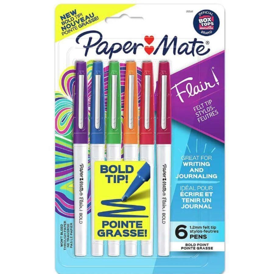 Paper Mate Flair Felt Tip Pens, Bold Point (1.2mm), Assorted Colors, 6 Count