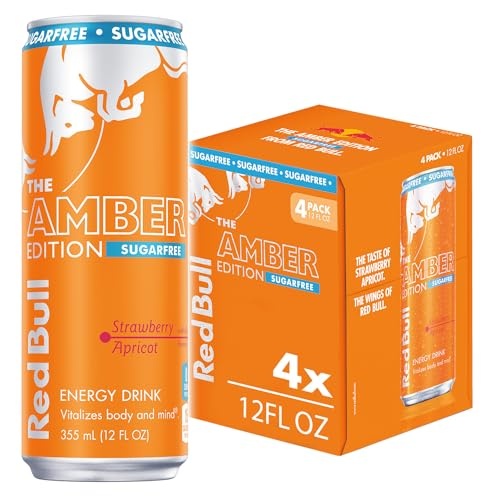 Red Bull Amber Edition Sugar Free Energy Drink, Strawberry Apricot, with 114mg Caffeine Plus Taurine & B Vitamins, 12 Fl Oz, Pack of 4 Cans