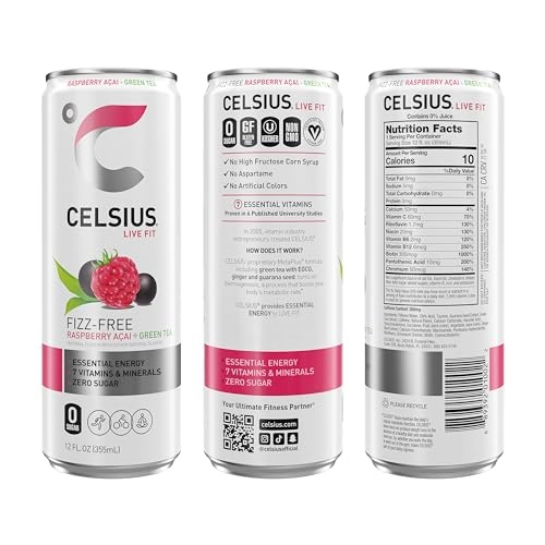 CELSIUS Raspberry Acai Green Tea, Functional Essential Energy Drink 12 Fl Oz (Pack of 12) Packaging May Vary thumbnail