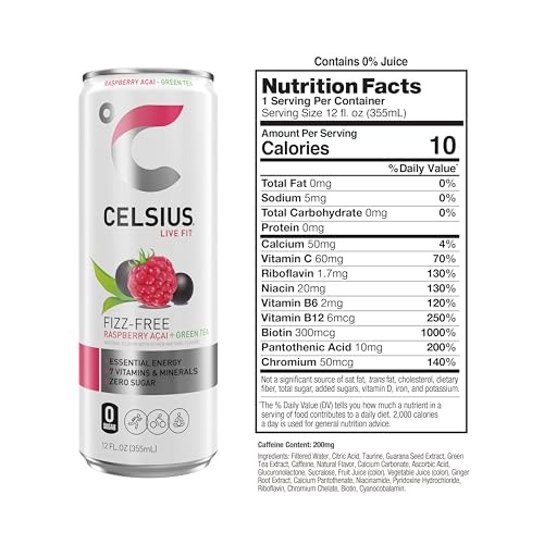 CELSIUS Raspberry Acai Green Tea, Functional Essential Energy Drink 12 Fl Oz (Pack of 12) Packaging May Vary thumbnail