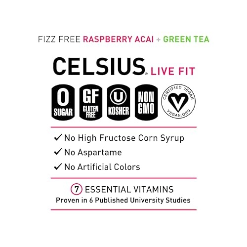 CELSIUS Raspberry Acai Green Tea, Functional Essential Energy Drink 12 Fl Oz (Pack of 12) Packaging May Vary thumbnail