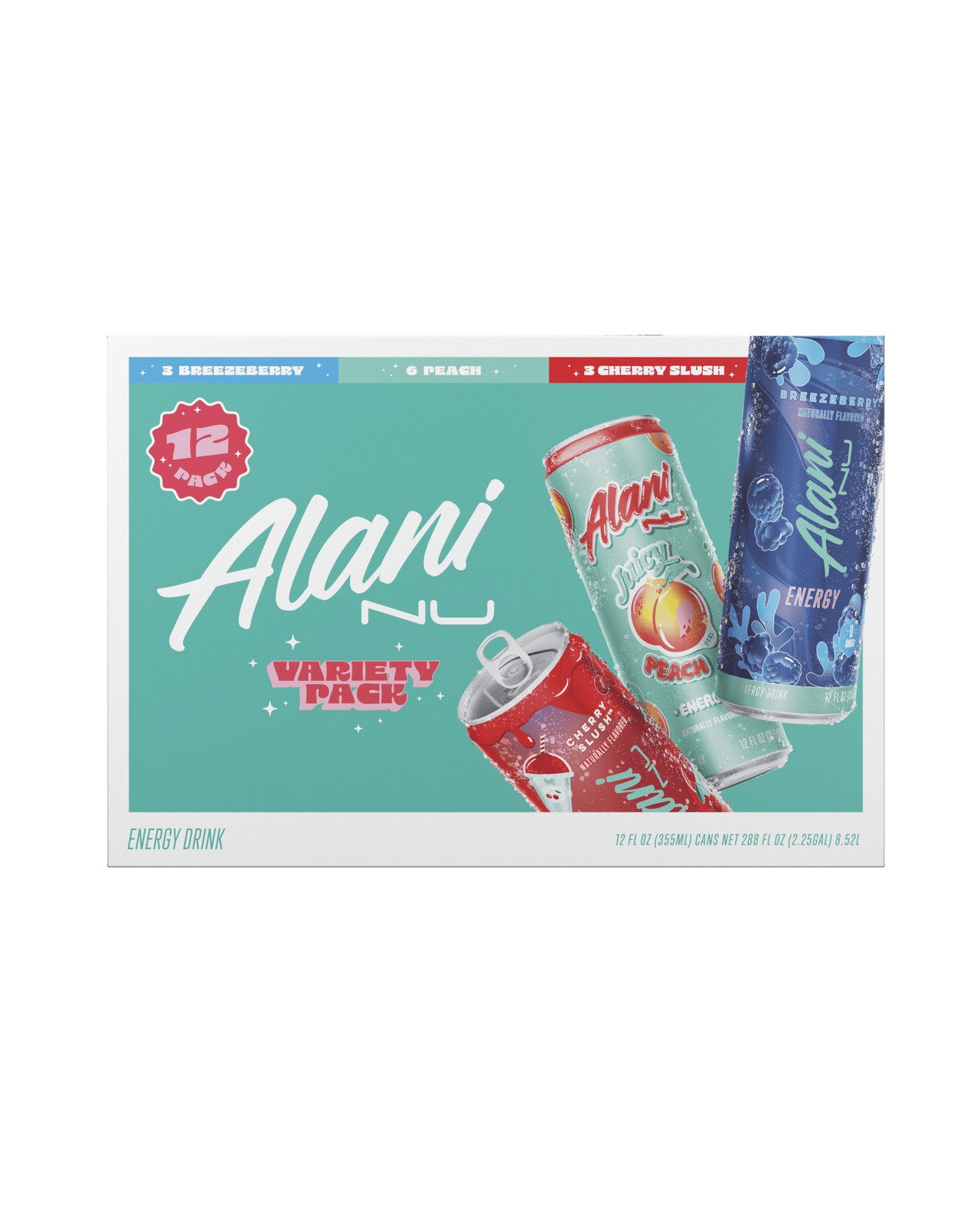 Alani Nu Variety Pack Energy Drink - Breezeberry, Juicy Peach, Cherry Slush, 12 Fl Oz, 12 Pk