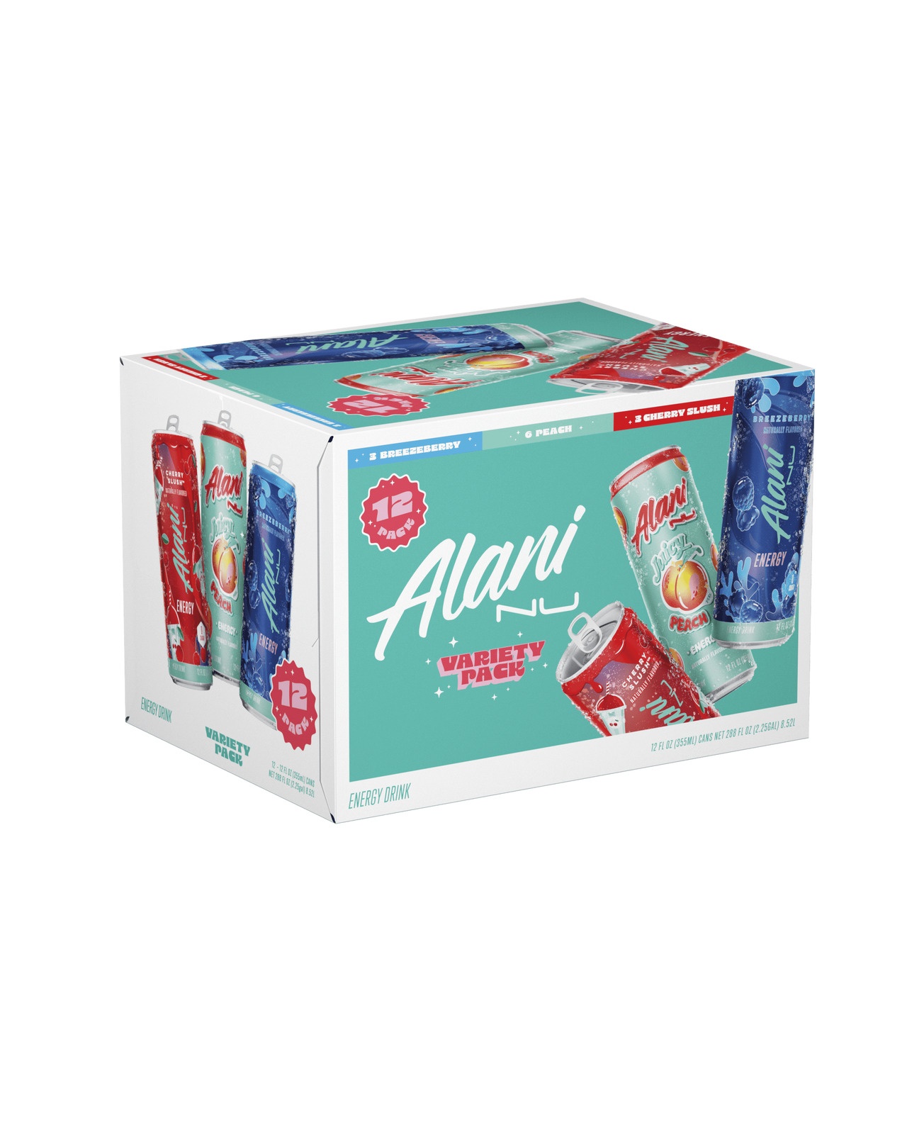 Alani Nu Variety Pack Energy Drink - Breezeberry, Juicy Peach, Cherry Slush, 12 Fl Oz, 12 Pk thumbnail