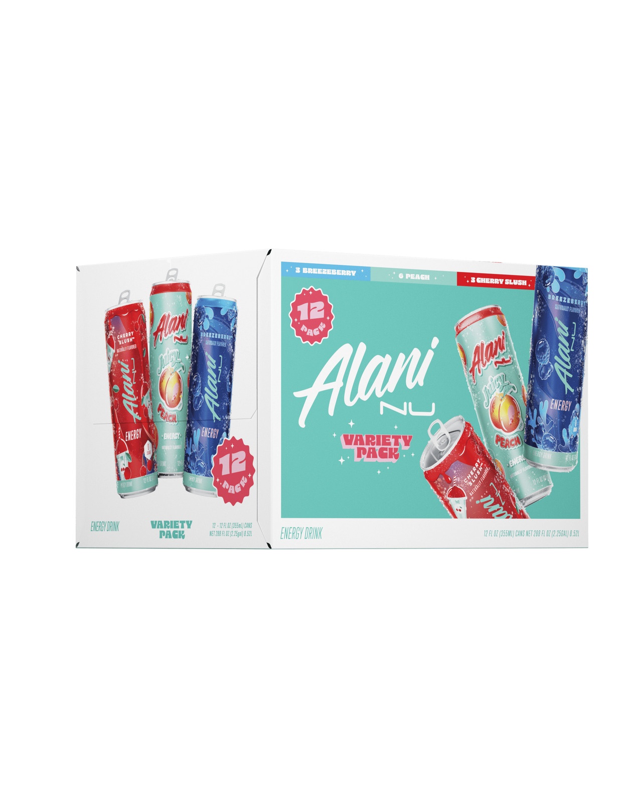 Alani Nu Variety Pack Energy Drink - Breezeberry, Juicy Peach, Cherry Slush, 12 Fl Oz, 12 Pk thumbnail