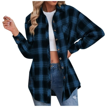 CaComMARK PI Clearance Womens Buffalo Plaid Shirt Long Sleeve Collar Button Down Blouses Tops Blue 6(M)