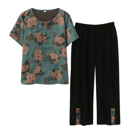 SZXZYGS Suits Women Summer Loose Short Sleeve Casual Large Size Floral Print Suit 2292