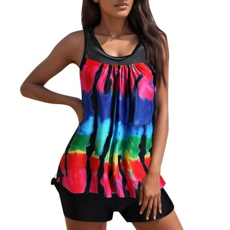 Womens Tankini Swimsuits with Skirt Two Piece Ruched Bathing Suits Vintage Swimwear XS-XXL Swimsuit with Shorts Cover up Bikini Bathing Suit