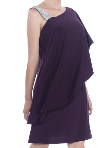 R & M RICHARDS Womens Purple Rhinestone One Shoulder Asymmetrical Neckline Knee Length Formal Dress Size: 10