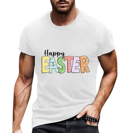 YiHWEI T-Shirts for Men Graphic Tees Funny Male Easter Digital 3D Printing Loose Short Sleeved T Shirt Top White L