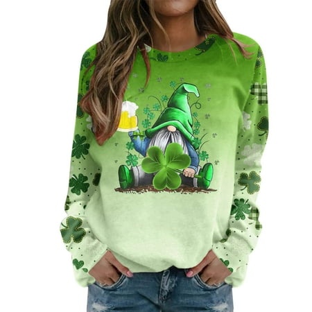 CLZOUD Workout Sweaters for Women Clover Graphic Print Hoodless Hoodie Long Sleeve Sweater Round Neck Blouse St Patricks Holiday Pullover Casual Basic