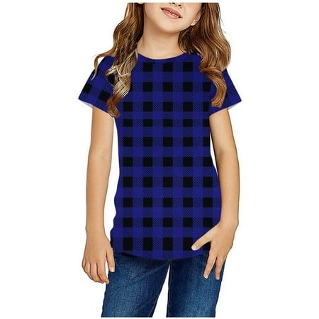 Herrnalise Boys and Girls Summer Casual Short Sleeve Buffalo Plaid Shirts Solid Color Round Neck Tops Blue-9-10 Years