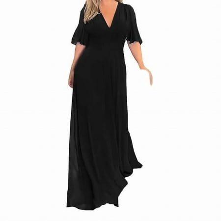 Rrunsv Women Dresses Women S 2024 Floral Printed Wrap V Neck Short Sleeve Split Beach Party Maxi Dress Black S
