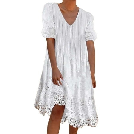 Rrunsv for Women Casual Beach Women S Color Block Puff Short Sleeve Dress Casual Summer Tunic Dresses White L
