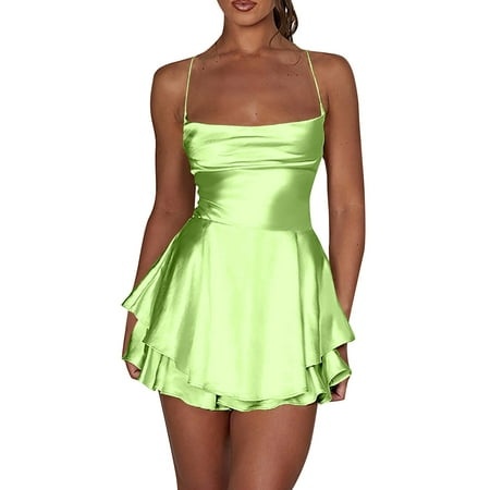 Rrunsv Summer Beach Dresses for Women Summer Dresses for Women V Neck Cap Sleeve Ruffle Hem Smock Short Dress Green S