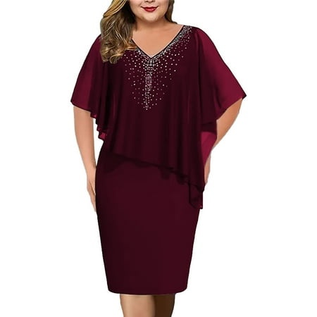 Rrunsv Sun Dresses for Women Casual Summer Dresses for Women V Neck Cap Sleeve Ruffle Hem Smock Short Dress Red XXL