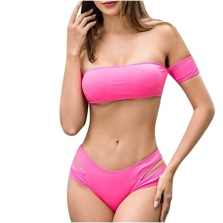 QUYUON High Waist Bikini Sets for Women 2 Piece Plus Size Swinsuit Fashion Split Swimsuit Casual Bikini Swimsuit Style-2723 Lace up Bathing Suit Pink 