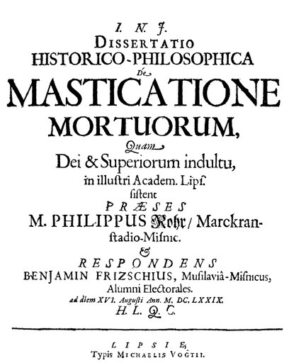Vampirism Text 1679 Ntitle Page of Philip RohrS Dissertation on Vampirism De Masticatione Mortuorum Published at Leipzig in 1679 Rolled Canvas Art - (
