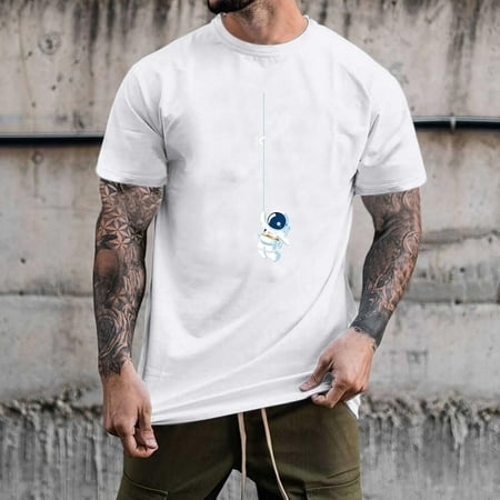 DeHolifer Mens T-shirts Casual Short Sleeve Crewneck Space Graphic Printed T-shirts Loose Fashion Blouse Tops White L