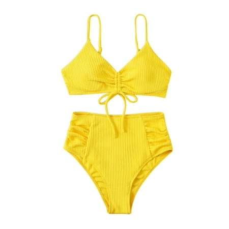 QUYUON Woman Bikini Swimsuit 2 Piece High Waisted Bathing Suit Bikini Solid Set Swimsuit Filled Bra Swimwear Beachwear Style-2564 Plus Size Swimsuit Y
