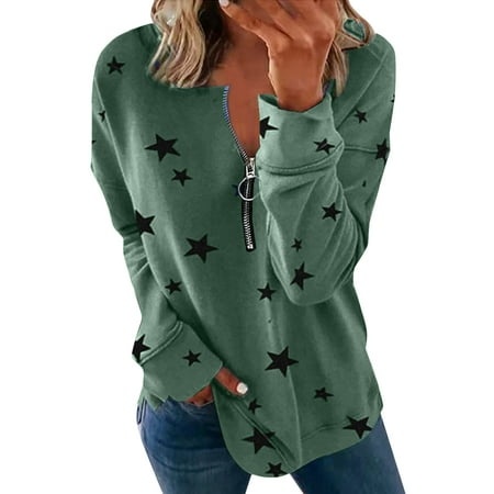 CLZOUD Women S Sweatshirts Star Print Loose Pullover Quarter Zip V Neck Tunic Tops Drop Shoulder Sweater Long Sleeve Hoodless Hoodie Green L