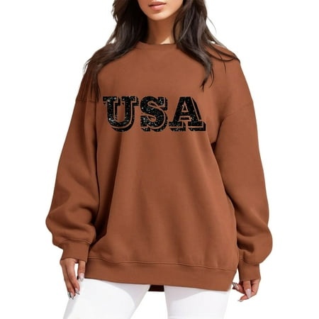 CLZOUD Soft Women Sweatshirt Oversized Hoodless Hoodie Crewneck Soft Pullover USA Letter Print Tunic Tops Casual Long Sleeve Sweaters Drop Shoulder Lo
